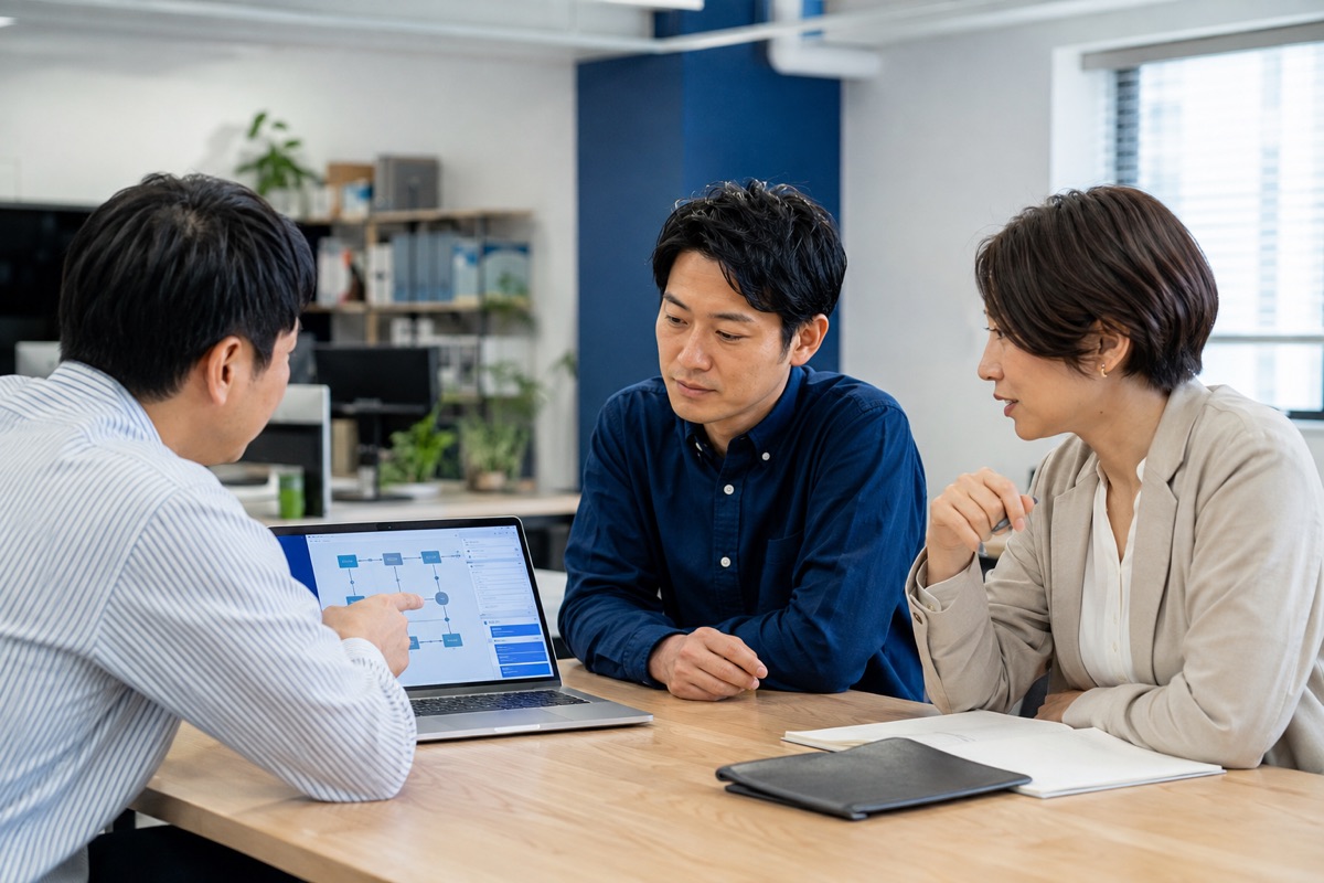 エンジニアが社内の利用部門の社員と、画面の業務フローを見ながらシステム改善を相談する場面